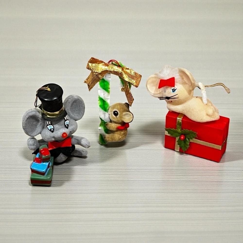3 Vintage Mice Ornaments Flocked Plastic Boy Girl on Present Mouse w/candycane